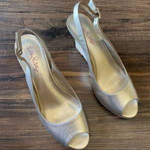 Lilly Pulitzer Gigi Wedge in Gold Metallic Leather - Size 7.5